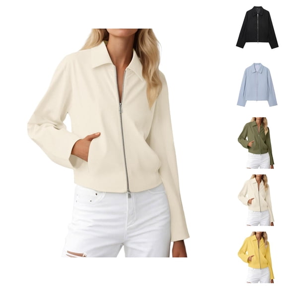 Bomber Jacket for Women 2025 Fall Lightweight Long Sleeve Lapel Collar Zip Up Casual Jackets with Pockets Outerwear