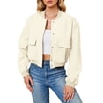 thumbnail image 1 of Bomber Jacket for Women - Cropped Button Down Casual Jacket with Pockets, Lightweight All-Season Outerwear Coat Beige L, 1 of 5