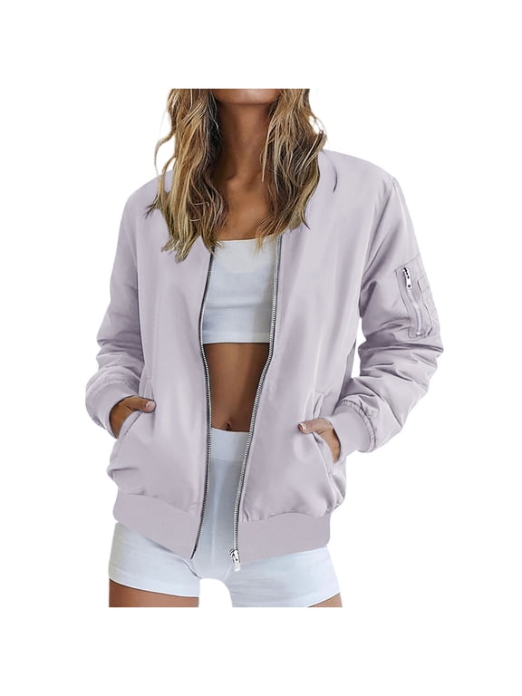 Bomber Jacket for Women Lightweight Casual Zip Up Long Sleeve Ribbed Cuff Fall Outerwear Coat with Pockets, Purple XL