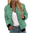 thumbnail image 1 of Bomber Jacket for Women Lightweight Varsity Zip Up Coat Graphic Print Fall Casual Long Sleeve Moto Windbreaker (2XL, Green 03), 1 of 5