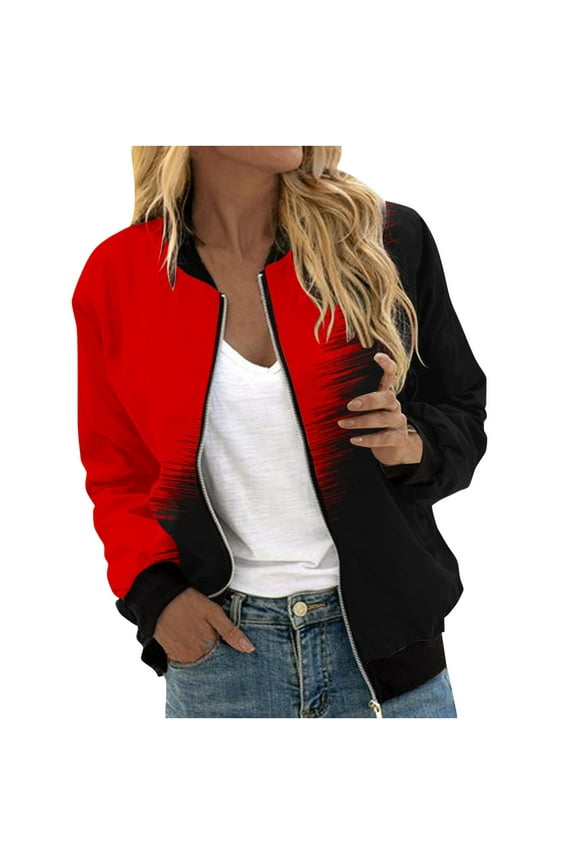 Bomber Jacket for Women Lightweight Varsity Zip Up Coat Graphic Print Fall Casual Long Sleeve Moto Windbreaker (2XL, Red)