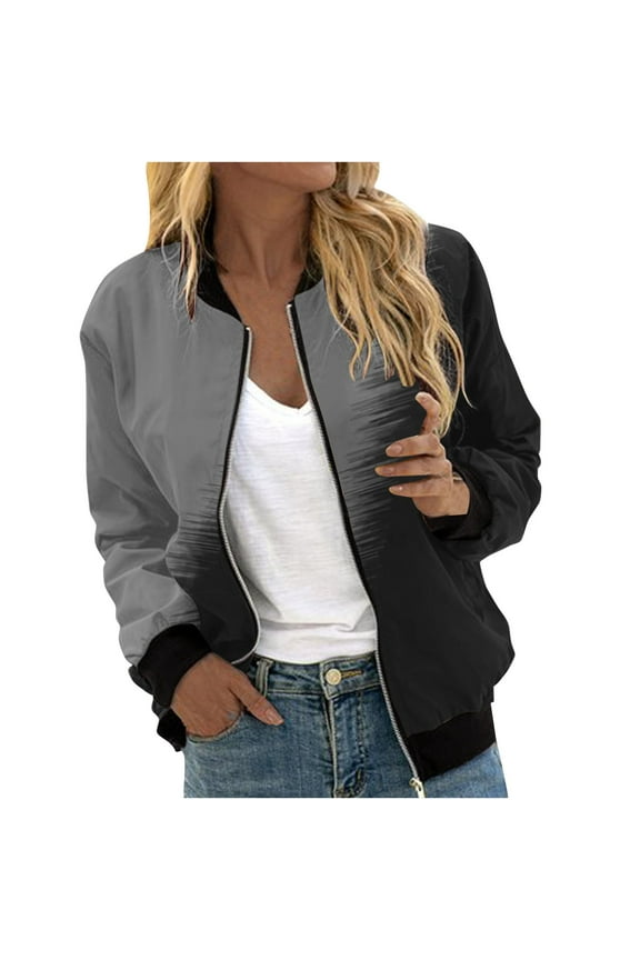 Bomber Jacket for Women Lightweight Varsity Zip Up Coat Graphic Print Fall Casual Long Sleeve Moto Windbreaker (L, Gray 01)