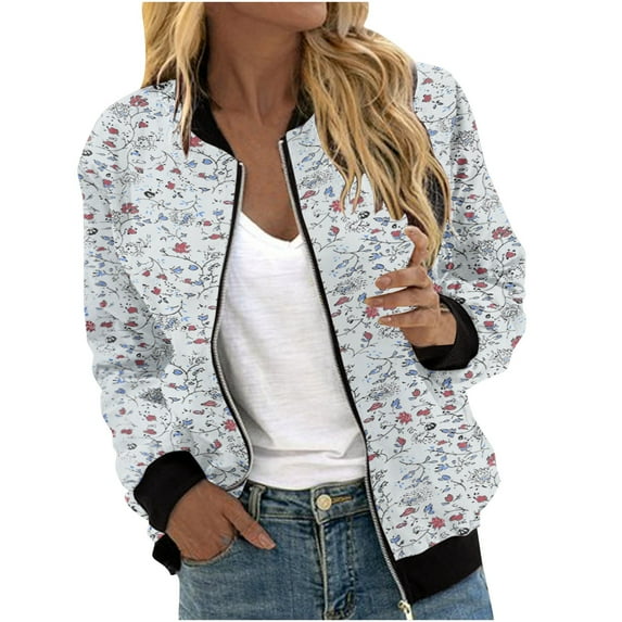 Bomber Jacket for Women Lightweight Varsity Zip Up Coat Graphic Print Fall Casual Long Sleeve Moto Windbreaker (L, Gray 02)