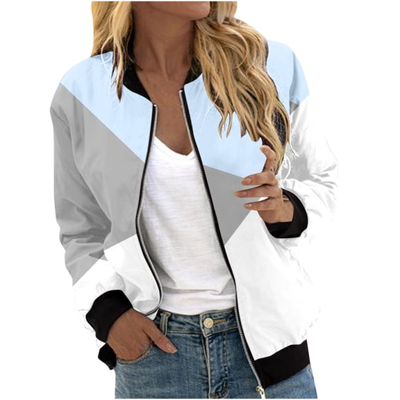 Bomber Jacket for Women Lightweight Varsity Zip Up Coat Graphic Print Fall Casual Long Sleeve Moto Windbreaker (L, Light Blue)