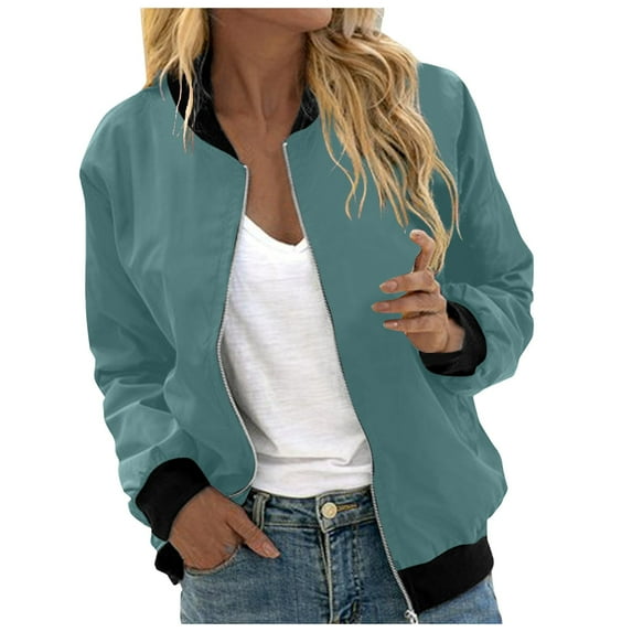 Bomber Jacket for Women Long Sleeve Casual Floral Zip Up Windbreaker Coat Stand Collar Lightweight Short Outerwear with Pockets