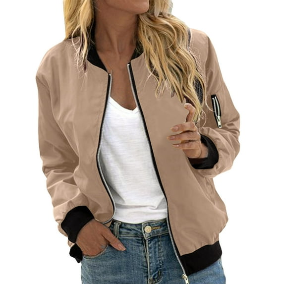 Bomber Jacket for Women Long Sleeve Casual Floral Zip Up Windbreaker Coat Stand Collar Lightweight Short Outerwear with Pockets