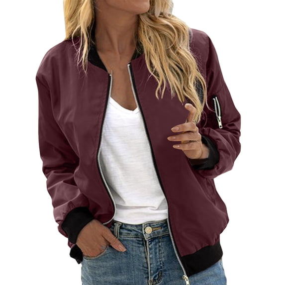 Bomber Jacket for Women Long Sleeve Casual Floral Zip Up Windbreaker Coat Stand Collar Lightweight Short Outerwear with Pockets