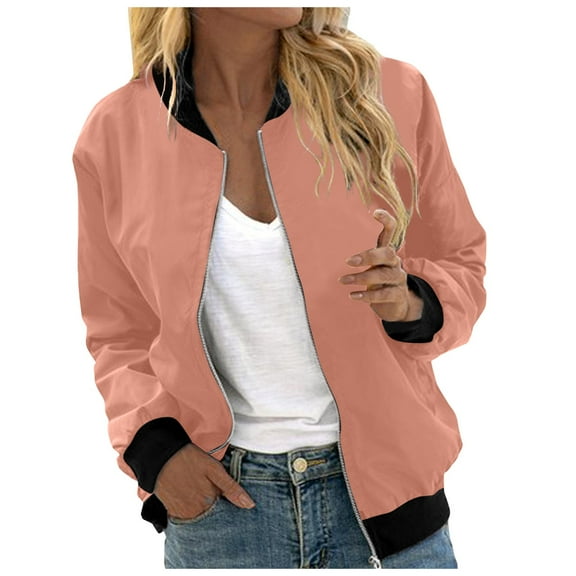 Bomber Jacket for Women Long Sleeve Casual Floral Zip Up Windbreaker Coat Stand Collar Lightweight Short Outerwear with Pockets