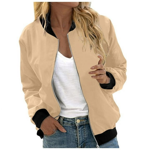 Bomber Jacket for Women Long Sleeve Casual Floral Zip Up Windbreaker Coat Stand Collar Lightweight Short Outerwear with Pockets