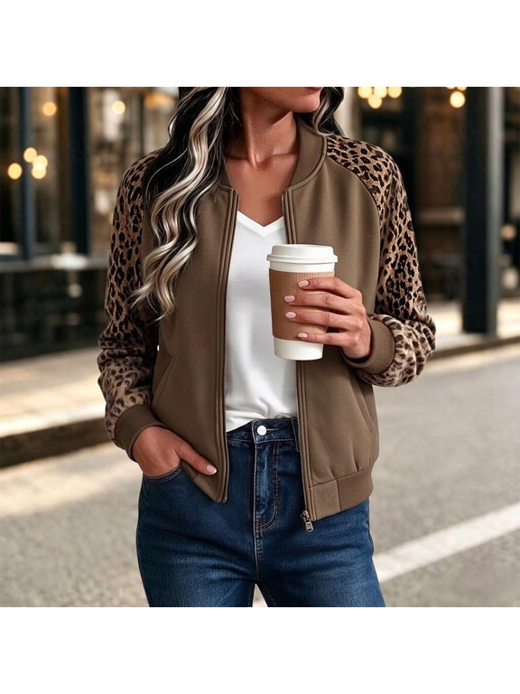 Bomber Jacket for Women Zip Up Leopard Print Sleeve Colorblock Loose Baseball Coat Trendy Fall Outerwear
