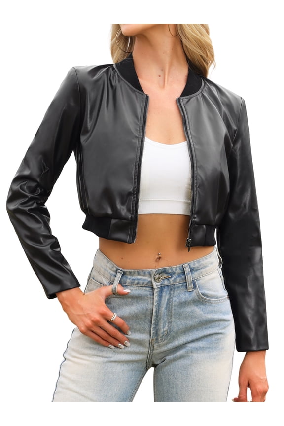 Women's Bomber Jacket Cropped Faux Leather Jackets Casual Zip Up PU Moto Bike Outwear S Black