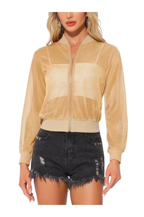 Bomber Jacket for Women's Sheer Mesh Glitter Shiny Long Sleeve Zip Up Jackets XS Khaki