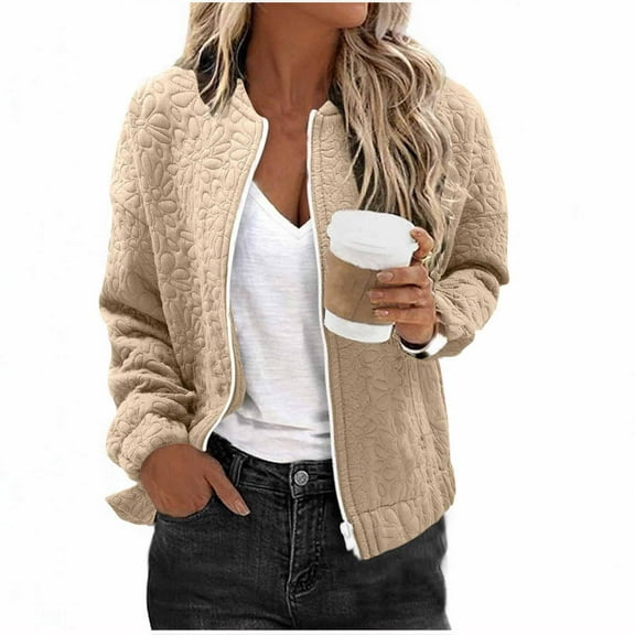 Bomber Jacket for Women without Hood, Womens Solid Textured Casual Full Zip Cardigan Coats Fall Winter Outerwear (XL, Khaki)