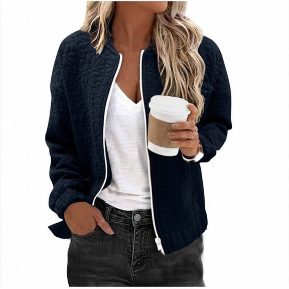 Bomber Jacket for Women without Hood, Womens Solid Textured Casual Full Zip Cardigan Coats Fall Winter Outerwear (XL, Navy)