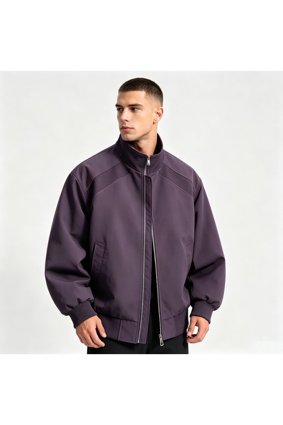 Bomber Jackets for Men Full Zip Stand Collar Ribbed Cuffs Straight Hem Side Pockets Coat for Spring Fall Travel Daily Weekend Trips