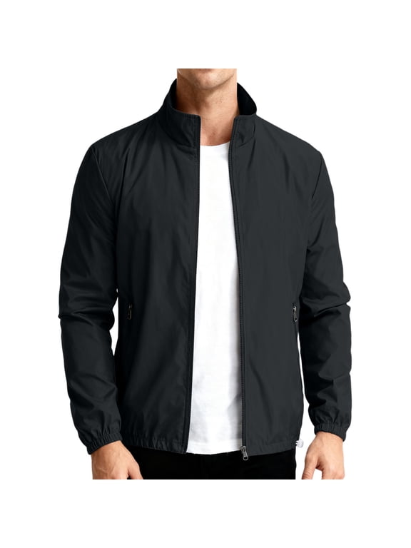Bomber Jackets for Men Full Zip Up Stand Collar Jacket Long Sleeve Lightweight Windbreaker Outdoor Recreation Coats with Pocket Black S