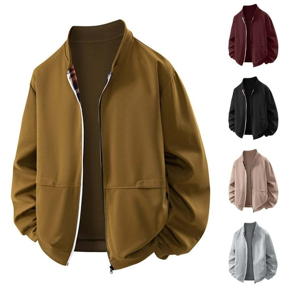 Bomber Jackets for Men Winter Coat for Men Men's Checkered Patchwork Long Sleeved Stand Up Collar Zipper Cardigan Top Jacket, S-3XL