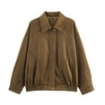 thumbnail image 1 of Bomber Jackets for Women Zip Up Lapel Collar Pockets Fall Winter Motorcycle Coat No Hood Solid Vintage Outwear (L, Brown), 1 of 6