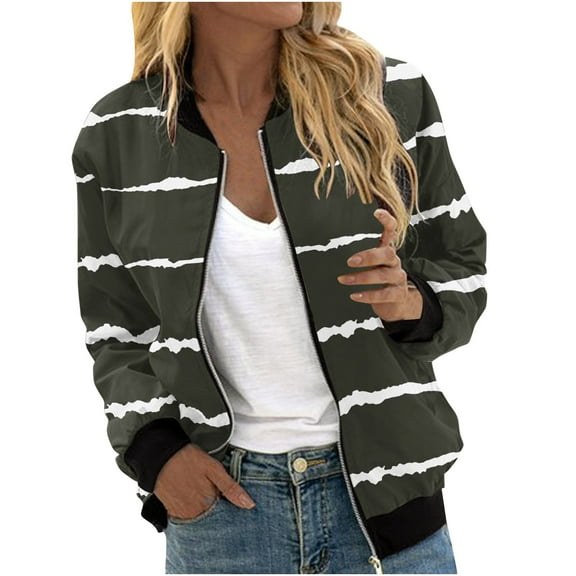 Bomber Lightweight Jackets Zip Up Casual Spring Fall Coat Jacket Women's Trendy Print Windbreaker with Pockets (S, Army Green 02)