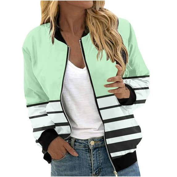 Bomber Lightweight Jackets Zip Up Casual Spring Fall Coat Jacket Women's Trendy Print Windbreaker with Pockets (S, Green 03)