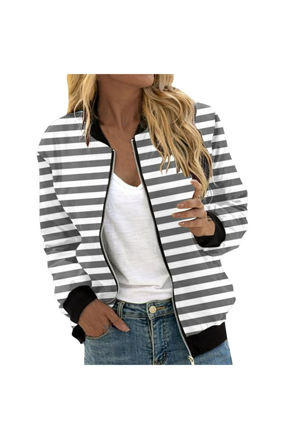 Bomber Lightweight Jackets Zip Up Casual Spring Fall Coat Jacket Womens Fashion Print Windbreaker with Pockets (2XL, Gray)