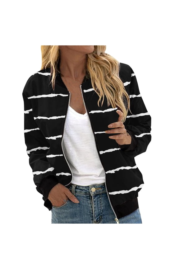 Bomber Lightweight Jackets Zip Up Casual Spring Fall Coat Jacket Womens Fashion Print Windbreaker with Pockets (L, Black 02)