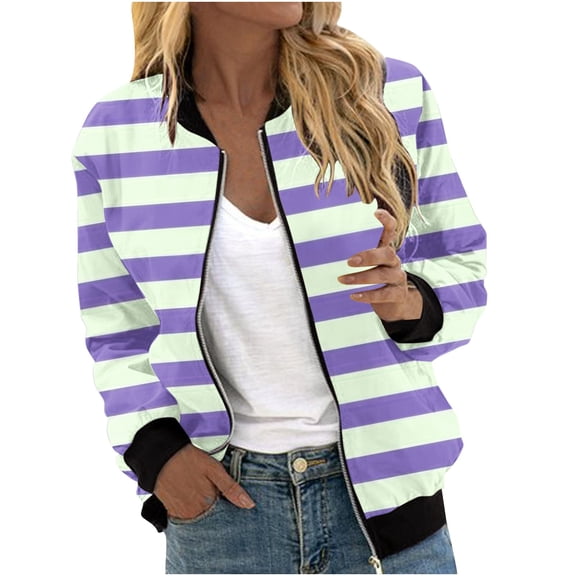 Bomber Lightweight Jackets Zip Up Casual Spring Fall Coat Jacket Womens Fashion Print Windbreaker with Pockets (M, Purple 01)