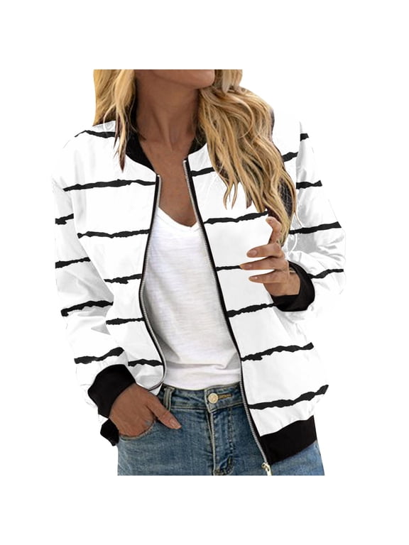 Bomber Lightweight Jackets Zip Up Casual Spring Fall Coat Jacket Womens Fashion Print Windbreaker with Pockets (S, White)