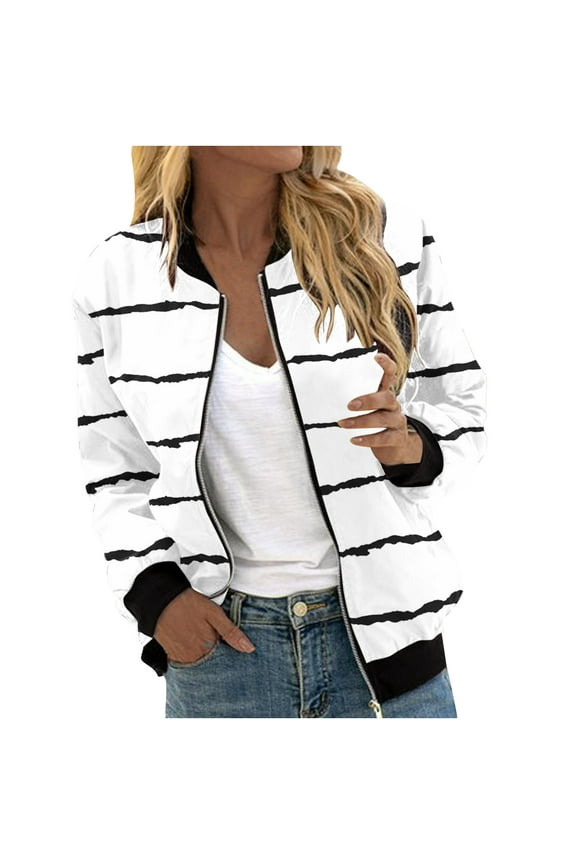 Bomber Lightweight Jackets Zip Up Casual Spring Fall Coat Jacket Womens Fashion Print Windbreaker with Pockets (S, White)