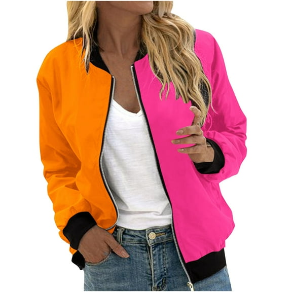 Bomber Lightweight Jackets Zip Up Casual Spring Fall Coat Jacket Womens Fashion Print Windbreaker with Pockets (XL, Orange 01)
