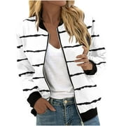 AKOEE Bomber Lightweight Jackets Zip Up Casual Spring Fall Coat Jacket Womens Fashion Print Windbreaker with Pockets (XL, White)