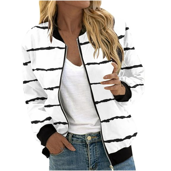 Bomber Lightweight Jackets Zip Up Casual Spring Fall Coat Jacket Womens Fashion Print Windbreaker with Pockets (XL, White)