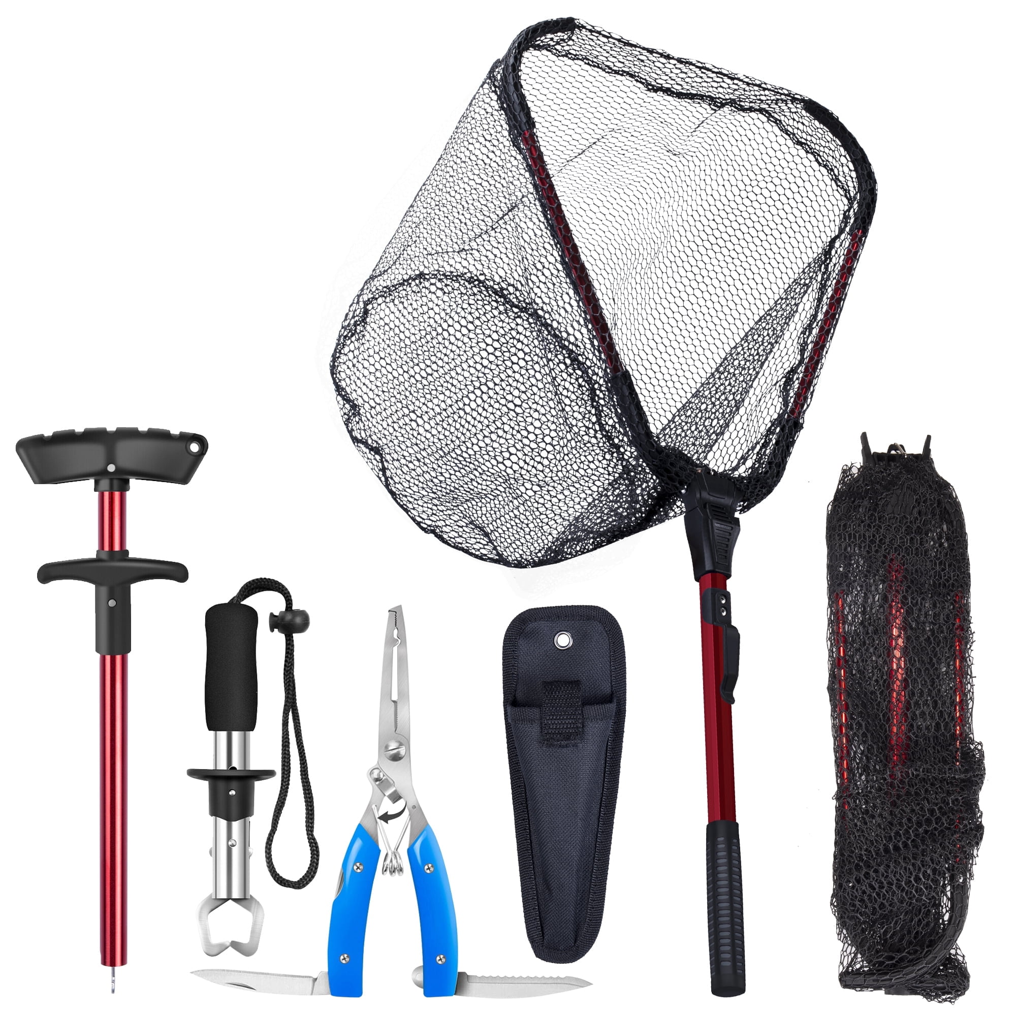 Bombrooster 4-in-1 Fishing Tool Kit: Landing Net, Pliers, Fish Gripper, Hook Remover. Kayak Fishing Gear & Boat Fishing Accessories for Freshwater Saltwater Fishing