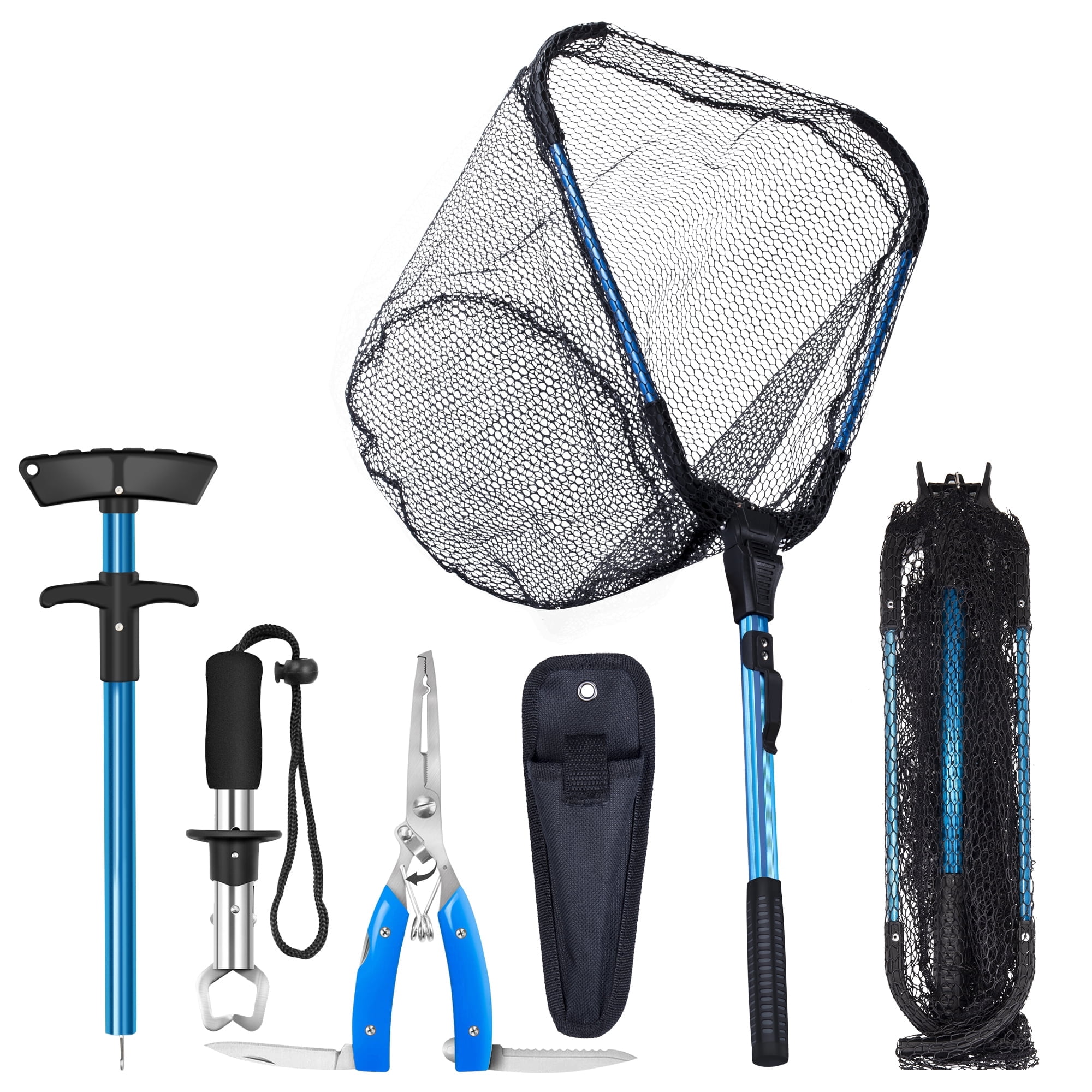 Bombrooster 4-in-1 Fishing Tool Kit: Landing Net, Pliers, Fish Gripper, Hook Remover. Kayak Fishing Gear & Boat Fishing Accessories for Freshwater Saltwater Fishing