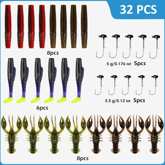 Bombrooster 40 Pack Soft Plastic Fishing Lures, Crawfish & Worm Kit with Paddle Tail Swimbaits, Ned Rig Baits for Bass Trout Walleye Fresh and Saltwater