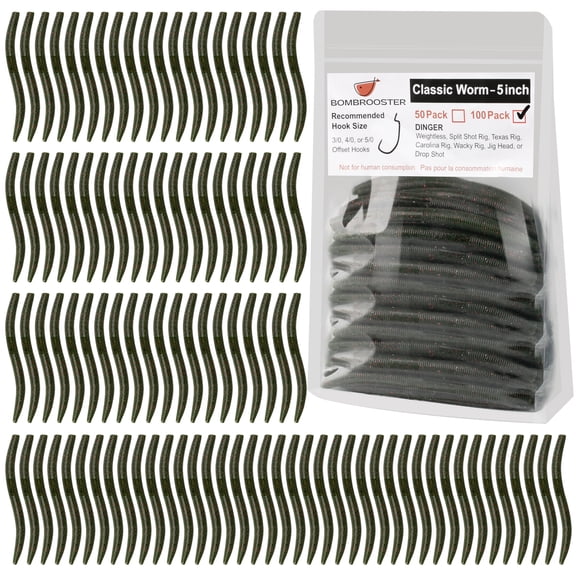 Bombrooster Classic Worm - 50/100 Pack All-Purpose Soft Plastic Bass Lures, Durable Paddle Tail Design