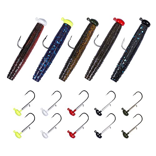 Bombrooster Soft Plastic Worm Fishing Lures Kit, Finesse TRD Stick Worms and Ned Rig Baits with Jig Heads for Bass Fishing, Freshwater Bass Soft Baits
