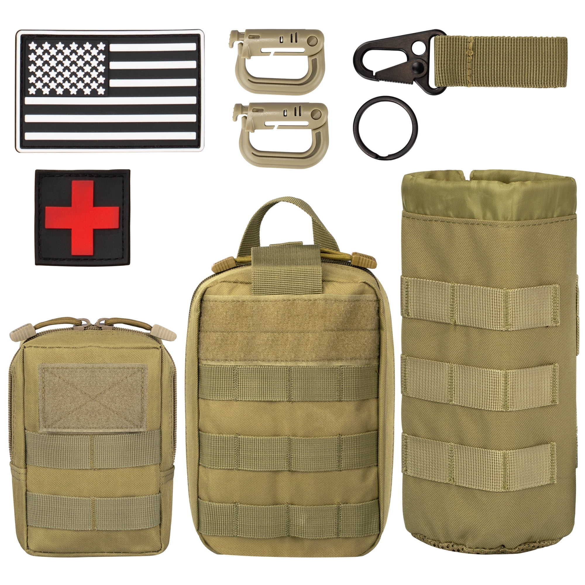 Bombrooster Tactical MOLLE Pouch Kit for Hiking & Camping - 3-in-1 EDC Bag with Phone Holder, Water Bottle Pouch, and First Aid Kit Bag for Outdoor, Duty, Survival Gear