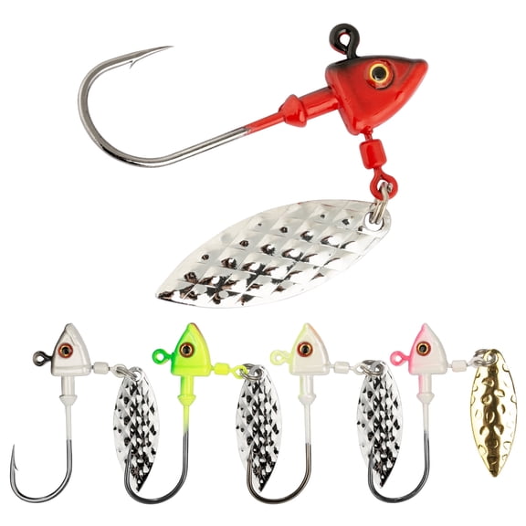 Bombrooster Underspin Jig Heads 5-Pack with Spinner Blades, Fishing Jigs for Bass Crappie Walleye Pike,5/16 oz Weights, Lead Head Hooks