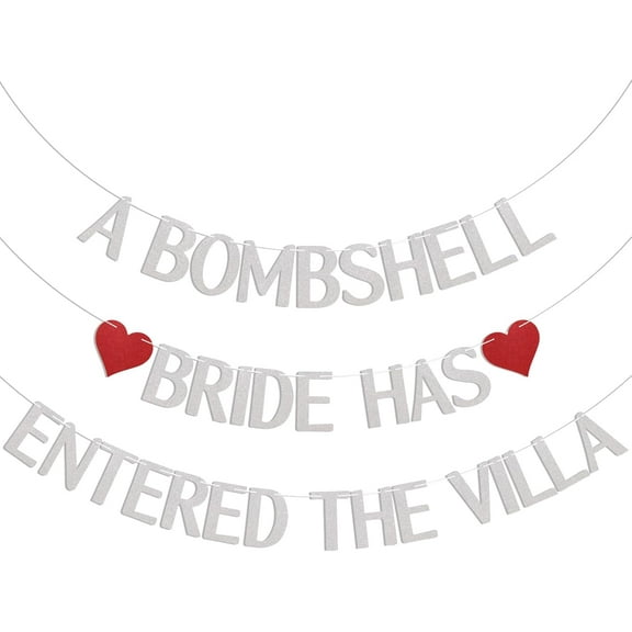 A Bombshell Bride Has Entered The Villa Banner, Bombshell Villa Bridesmaid Party Decor, Love Island Bach Weekend Decor, Love Themed Island Bachelorette Party Decorations Silver