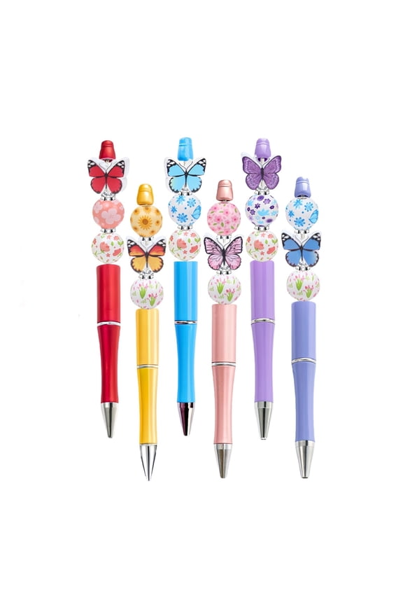 6 Pcs Beadable Pens Kit Butterfly Bead Plastic Ballpoint Pen with Assorted Spacer Silicone Bead Tassel Lobster Clasp and Packaging Bag for Keychain Making Office Friends Gift Black Ink