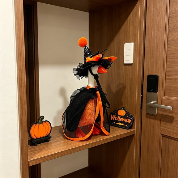 Bomd 7 In Desk Goose Halloween Outfit, Mini Desktop Goose Clothes With Witch Hat And Cloak Black Accessory Set, for Halloween Mini Geese Statue, Spooky Decor for Home, Office And Desk,Orange