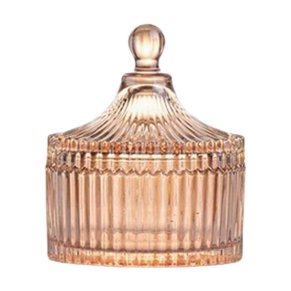 Bomd Contemporary Ribbed Glass Lidded Decorative Jar, 4" L x 4.9" H, Textured Glass Canister with Lid for Bathroom Kitchen Living Room, Storage Container for Cotton Balls Q-tips Candy(#E)