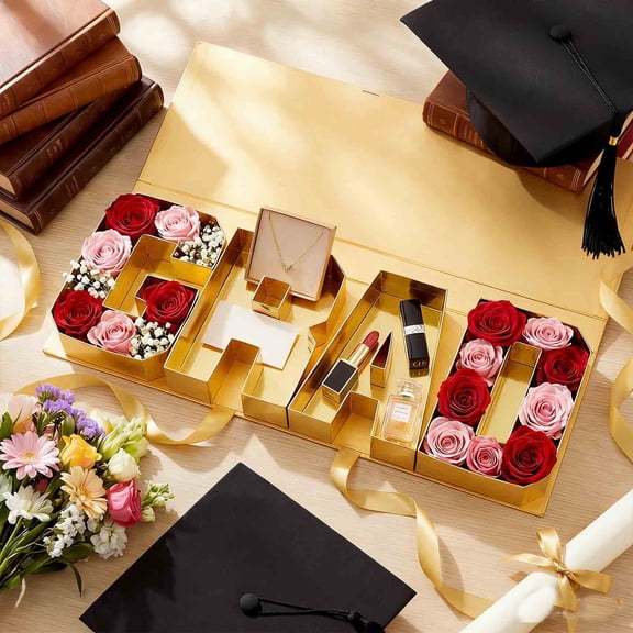 Bomd Graduation Gift Box 2026,GRAD Letter Shaped Fillable Cardboard Box for Graduation Gifts, Snacks, Flowers & More,Includes Ribbon and Raffia,DIY Graduation Gift Ideas Boxes