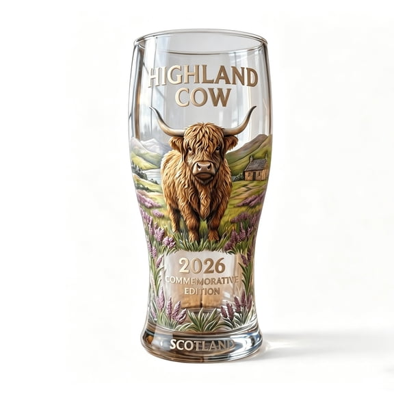 Bomd Highland Cow 2026 Commemorative Glass, Scotland Themed Beer Pint Glass, Premium Crystal Beer Glass for Highland Cows Lovers Whiskey, Stemless Beer Glass Birthday Gift for Beer Lovers(White)
