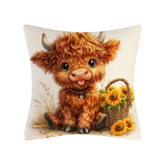 Bomd Highland Cow Decorative Throw Pillow Covers , Decorative Floral Farm Animal Design, Modern Square Home Decorative Pillowcases Cushion Cases for Sofa Bed Chair, 17.7x17.7 Inch