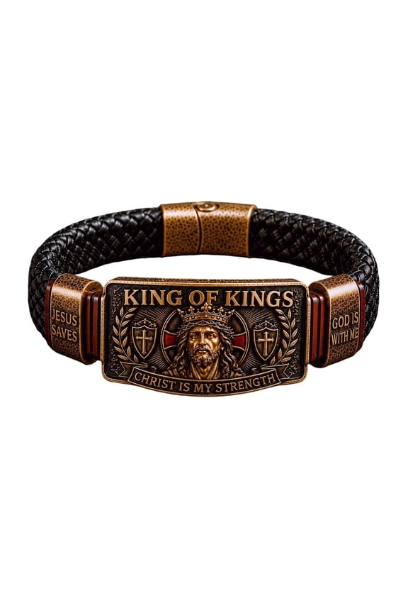 King Of Kings Faith Bracelet, Adjustable Christian Wristband With Engraved Jesus Plaque,Christ Is My Inspirational Jewelry, Ideal Christian Gift For Men, Husbands And Dad