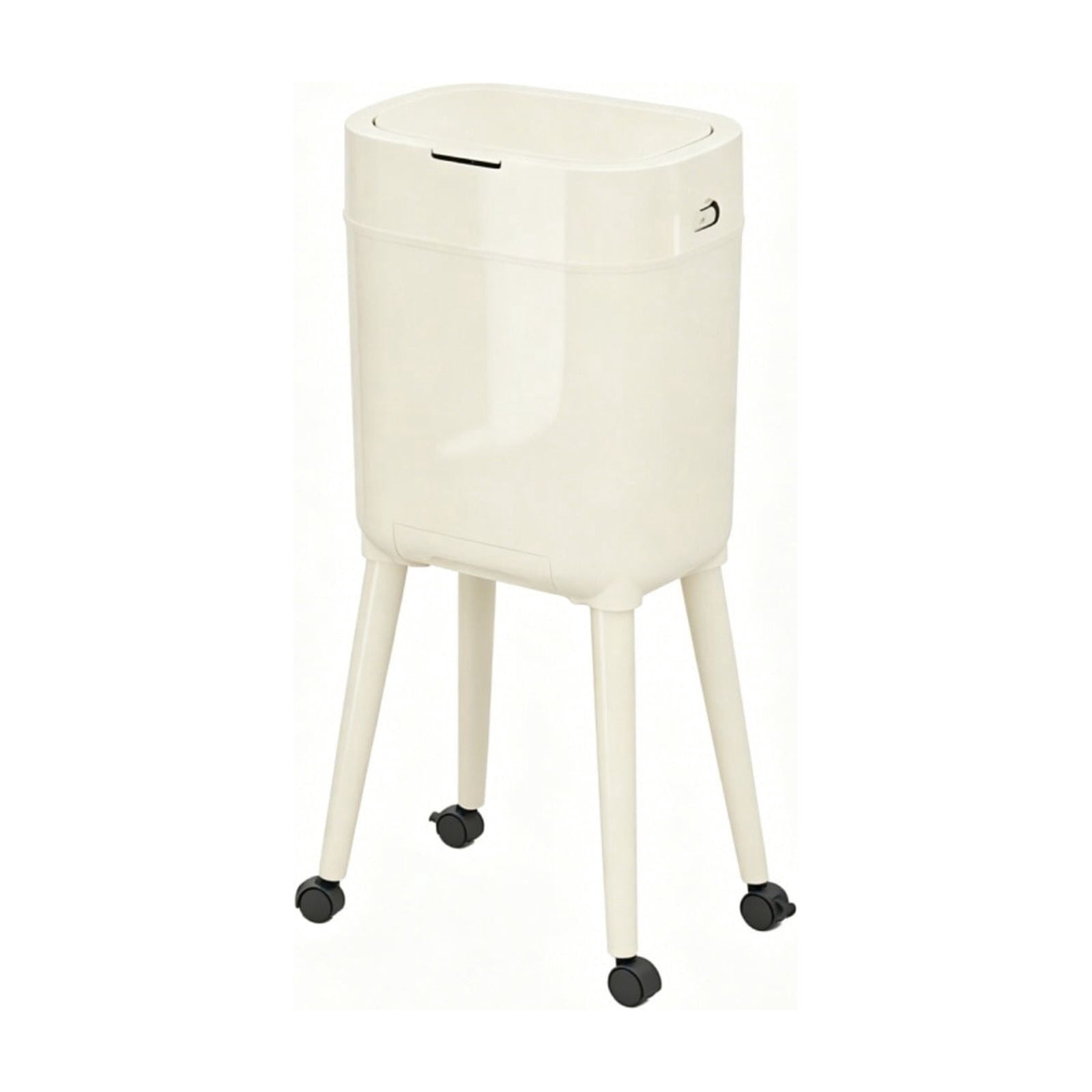 Bomd Modern High-Legged Trash Can with Wheels, Modern Narrow Garbage Can with Raised Legs, Space-Saving Rolling Dog-Proof Trash Bin for Bathroom, Kitchen, Bedroom, Office ，White