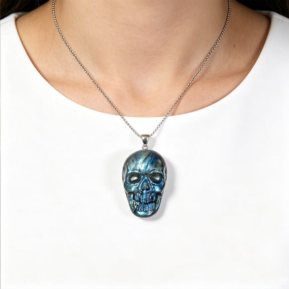 Bomd Natural Labradorite Skull Pendant Necklace, Hand-Carved Gemstone with Iridescent Blue Flash, Set In Sterling Silver, Gothic Style Jewelry, for Everyday Wear And Halloween Parties