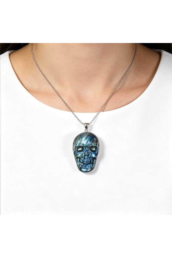 Natural Labradorite Skull Pendant Necklace, Hand-Carved Gemstone with Iridescent Blue Flash, Set In Sterling Silver, Gothic Style Jewelry, for Everyday Wear And Halloween Parties